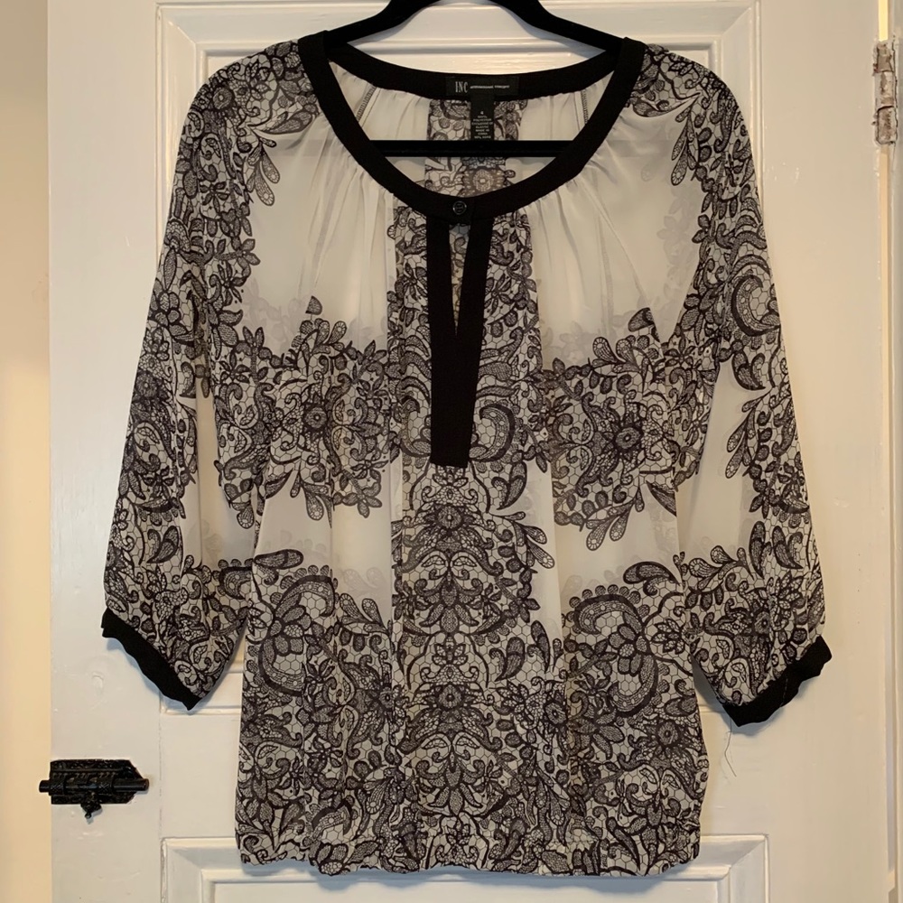 Inc black & white sheer floral blouse